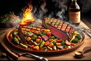 Grilled beef steak with vegetable on the flaming grill by photo