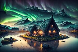 viking houses in a viking landscape northern lights in the dark by photo