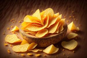 Potato chips with cheddar rustic background by photo