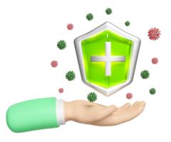 3d bacteria protection, icon for health protection with hand hold green shield, cross, anti germ defence, health insurance, health protected metal shield symbol isolated. 3d render png