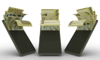 Albanian lek notes inside a mobile phone. money coming out of mobile phone. 3d rendering of set of mobile money transaction concept. money from Phone. money from Phone png