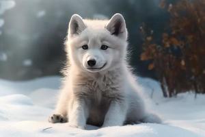 Baby wolf in snow nature. Generate Ai photo