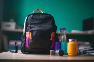 Backpack on school table. Generate Ai photo