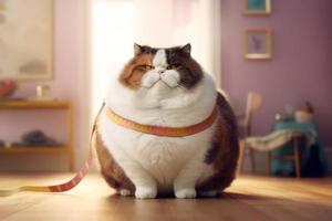 Fat cat with measurement tape. Generate Ai photo