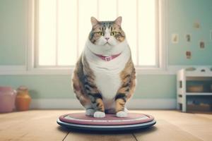 Fat cat standing on scales. Generate Ai photo