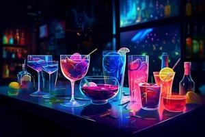 Neon night club cocktails. Generate Ai photo