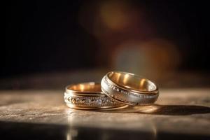 Gold wedding bands on table. Generate Ai photo