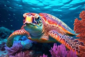 Colorful underwater sea turtle. Generate Ai photo