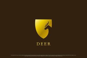 Deer golden badge logo design. Deer hunter gazelle doe antelope horn elk elegant luxury badge shield guard protection silhouette. Golden luxury mammal animal silhouette illustration. Deer mark logo. vector