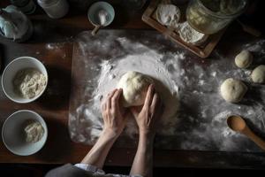 Hands kneading raw dough. Generate Ai photo