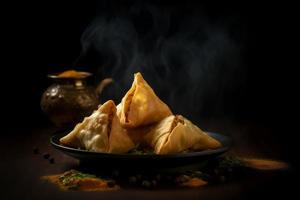 Hot samosa in plate. Generate Ai photo