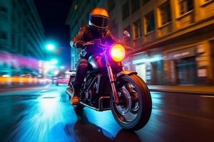 Biker rides in night city. Generate Ai photo