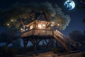 árbol casa Luna noche. generar ai foto