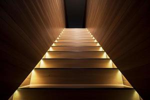 Wooden staircase with light. Generate Ai photo