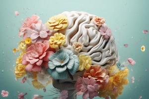 Human brain with spring flowers. Generate Ai photo