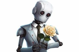Robot with pastel rose. Generate Ai photo