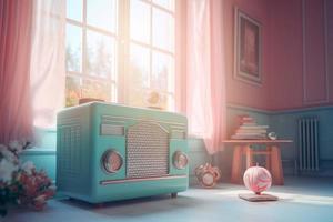 Retro radio in pink room. Generate Ai photo