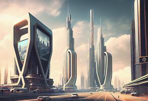 Futuristic city with billboards . Generate Ai. photo