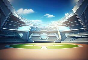 Grand baseball stadium field diamond daylight view, modern public sport building. Generate Ai. photo