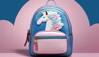 frio unicornio niños muchachas cuero mochila con decorativo nubes y estrellas. generar ai. foto
