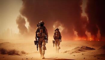 Military special forces soldiers crosses destroyed warzone through fire and smoke in the desert. Generate Ai. photo