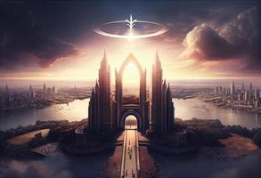 New city in heaven, paradise city, afterlife, symbol of Christianity. Generate Ai. photo