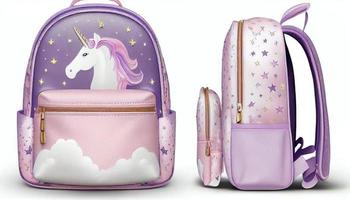 Cool unicorn kids girls leather backpack with decorative clouds and stars. Generate Ai. photo