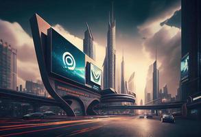 Futuristic city with billboards . Generate Ai. photo