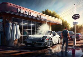 A man washes a car at an outdoor car wash . Generate Ai. photo