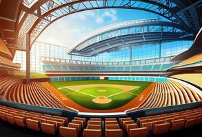 Grand baseball stadium field diamond daylight view, modern public sport building. Generate Ai. photo