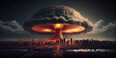 Big nuclear explosion mushroom cloud effect over city skyline for apocalyptical aftermath of nuclear attach . Generate Ai. photo