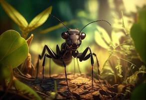 Ant in the forest in the wild, summer day. Generate Ai. photo