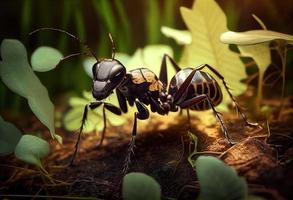 Ant in the forest in the wild, summer day. Generate Ai. photo