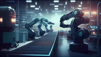 Automated robotics futuristic electric robot factory production line. Generate Ai. photo