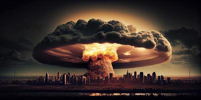 Big nuclear explosion mushroom cloud effect over city skyline for apocalyptical aftermath of nuclear attach . Generate Ai. photo