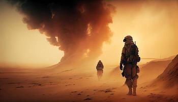 Military special forces soldiers crosses destroyed warzone through fire and smoke in the desert. Generate Ai. photo