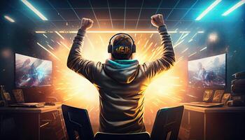 Professional eSports gamer rejoices in the victory and gold game room background. Generate Ai. photo