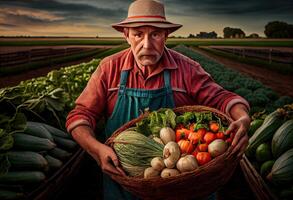 Farmer holds a basket of harvested vegetables against the background of a farm. Harvesting. Generate Ai. photo