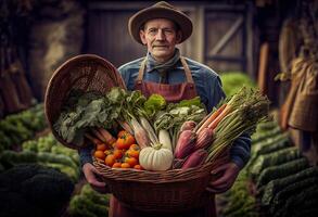 granjero sostiene un cesta de cosechado vegetales en contra el antecedentes de un granja. cosecha. generar ai. foto