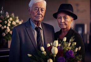 mayor hombre en pie con atractivo mujer participación flores en funeral. generar ai. foto