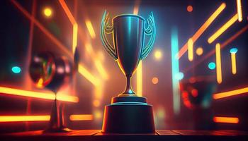 Winner trophy on a stage at studio illuminated by neon lights with blurred background. Generate Ai. photo