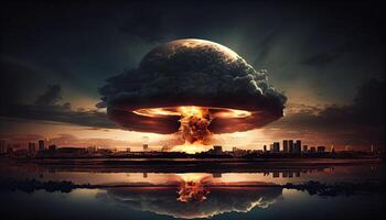 Big nuclear explosion mushroom cloud effect over city skyline for apocalyptical aftermath of nuclear attach . Generate Ai. photo