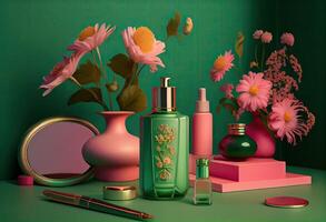 un verde antecedentes con flores, productos cosméticos, y otro artículos en él, incluso un botella de perfume y un flor en el mesa parte superior de el mesa, y un verde antecedentes con rosado flores generar ai. foto