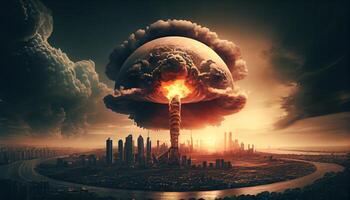 Big nuclear explosion mushroom cloud effect over city skyline for apocalyptical aftermath of nuclear attach . Generate Ai. photo