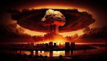 Big nuclear explosion mushroom cloud effect over city skyline for apocalyptical aftermath of nuclear attach . Generate Ai. photo