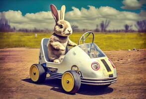 Easter excursion Easter bunny in a pedal car. Generate Ai. photo