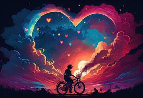 Illustration painting of love riding on bicycle. Generate Ai. photo