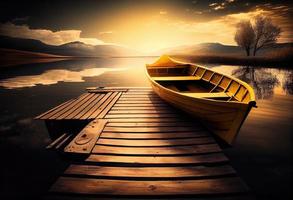 Yellow wooden boat on the lake near the wooden pier. Generate Ai. photo