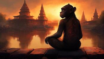 Monkey yogi sits with his back in the lotus position. Generate Ai. photo