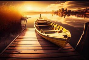 amarillo de madera barco en el lago cerca el de madera muelle. generar ai. foto